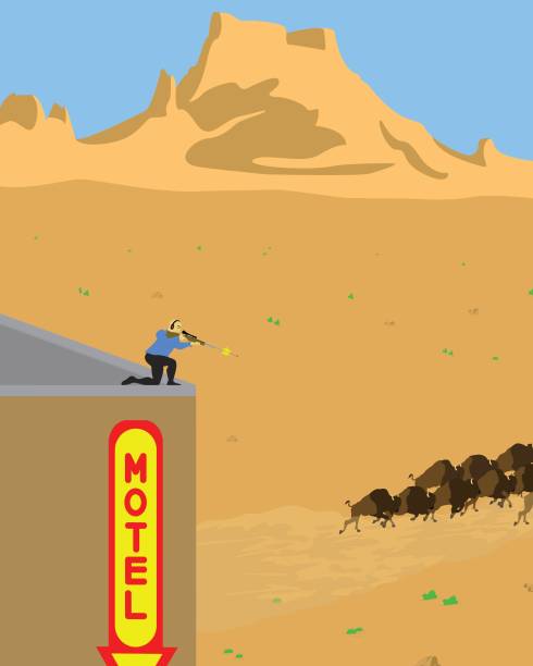bir otel çizimin çatısından buffalo çekim - buffalo shooting stock illustrations