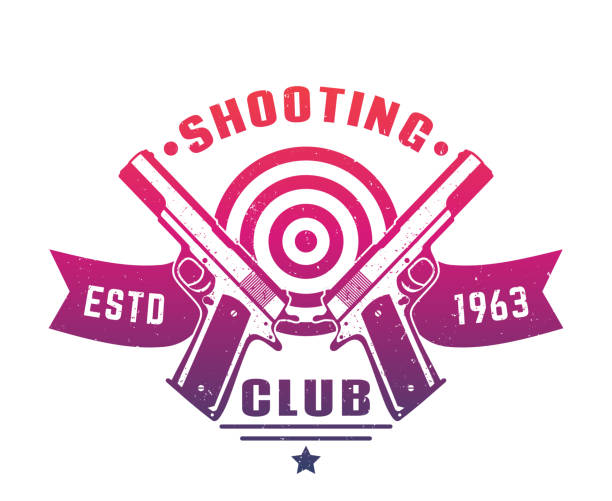 bildbanksillustrationer, clip art samt tecknat material och ikoner med shooting club logotyp, emblem, badge med två pistoler över vit - foal