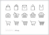 Set of 15 shopping line icons of bags, baskets and carts used at stores and retail shops for purchasing groceries, goods and items