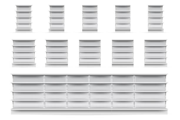Shop shelves set Shop shelves set. Isolated empty supermarket store showcase shelve icon collection. Realistic blank white retail shop display shelves front view. Vector market and business concept no people stock illustrations
