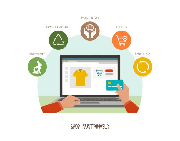 Shop sustainably and choose eco-friendly products Green living and sustainability tips: shop sustainably and choose ethical eco-friendly products online shopping stock illustrations