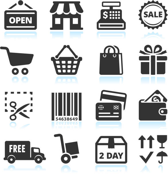 ilustraciones, imágenes clip art, dibujos animados e iconos de stock de compras y el comercio negro & conjunto de iconos de vector blanco - small business