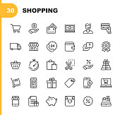 30 Shopping and E-commerce Line Icons. Editable Stroke.