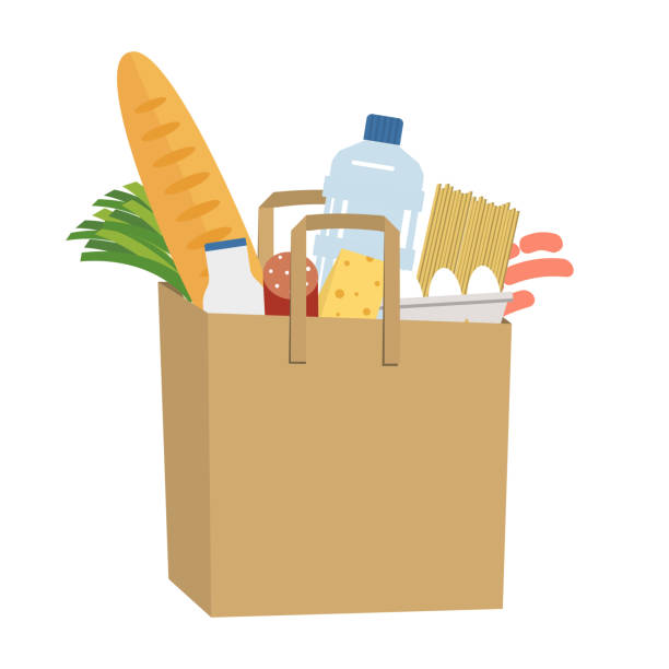Shopping bag full of food and drinks. Food Delivery Concept Shopping bag full of food and drinks. Food Delivery Concept. There is a bread, a bottle of milk, water, sausage, cheese, spaghetti, eggs and green onions in the picture. Vector illustration on a white groceries stock illustrations