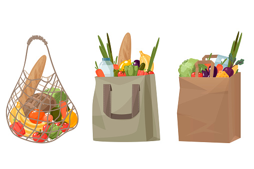 Shopping bags made of mesh, paper and cotton with vegetables and fruits isolated on a white background. Vector cartoon set of reusable eco bag, mesh bags with fresh food, fruits, vegetables and milk