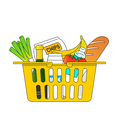 Shopping basket filled with food and beverages.