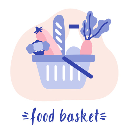Shopping basket full of healthy food. Groceries products. Fresh organic food and drinks. Organic vegetables in basket.