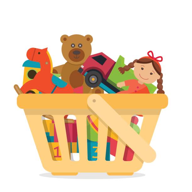 Shopping basket with toys. Shopping basket with toys. Flat style vector illustration. store clipart stock illustrations