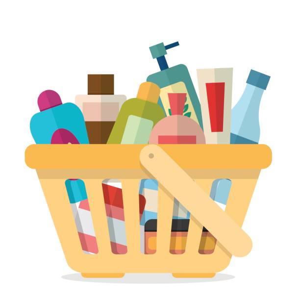 Shopping basket with tubes Shopping basket with tubes and vials cosmetics for beauty and care. Flat style vector illustration. hygiene stock illustrations