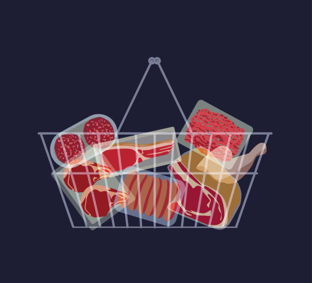 Shopping Basket with various meat products Supermarket meat products supermarket silhouettes stock illustrations