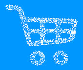 Shopping Cart  Health and Wellness Icon Set Blue Background . This vector graphic composition features the main object composed of health and wellness icons. The icons vary in size. The vector icons are in white color and form a seamless pattern to form the object. The background is blue. The icons include such popular healthcare and wellness icons as fitness, water, people exercising, massage, stretching, yoga and many more. You can use this entire composition or each icon can also be used separately and as not part of the icon set.