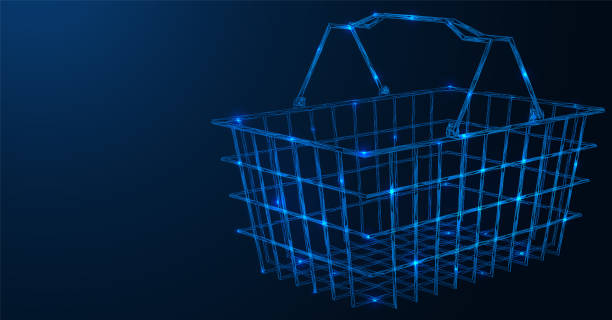 Shopping cart. Online store. Shopping cart. Online store. Polygonal construction of concatenated lines and points. Blue background. market retail space stock illustrations