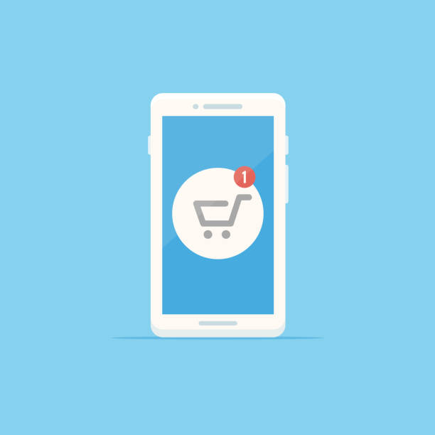 Shopping Cart White smartphone with shopping cart icon showing one item notification vector illustration in flat style online shopping stock illustrations
