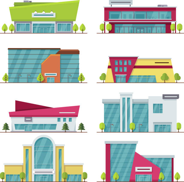 ilustrações de stock, clip art, desenhos animados e ícones de shopping center, mall and supermarket modern flat vector buildings - shopping
