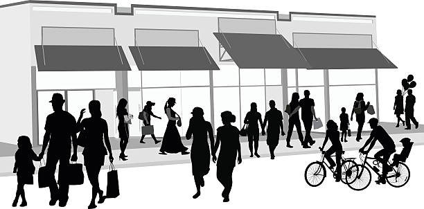 Shopping Crowd Outdoors A vector silhouette illustration of people infront of a shopping mall or store.  People include a family walking and holding hands, a family riding bikes, couples holding hands, and women carrying shopping bags. shopping silhouettes stock illustrations