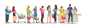 Shopping crowd people waiting in long line queue in supermarket. Crowded queue to the cashier. Cashier punches goods at the checkout. Customer service cartoon vector illustration