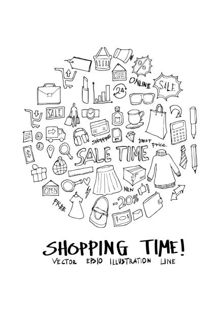 Shopping doodle illustration circle form on a4 paper wallpaper line sketch style eps10 Shopping doodle illustration circle form on a4 paper wallpaper line sketch style shopping drawings stock illustrations