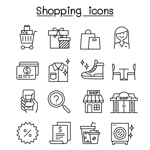ilustrações de stock, clip art, desenhos animados e ícones de shopping icon set in thin line style - shopping