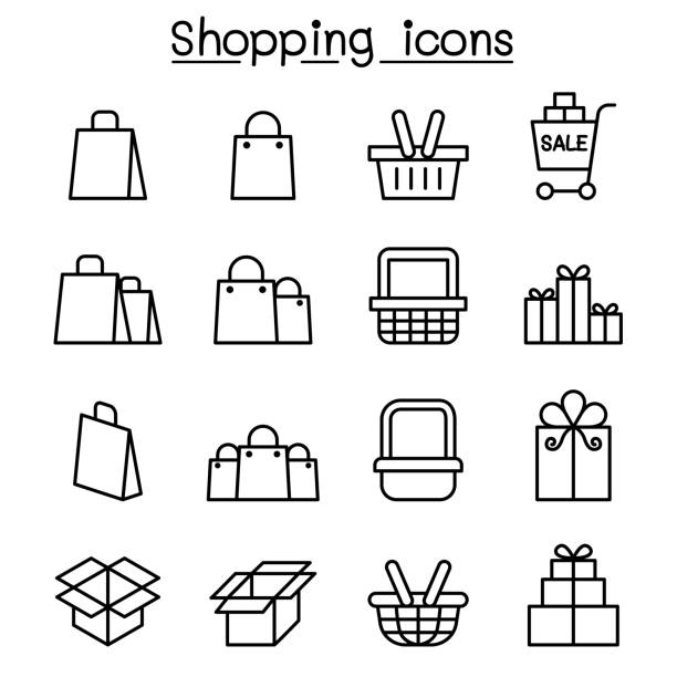 Shopping icon set in thin line style Shopping icon set in thin line style store clipart stock illustrations