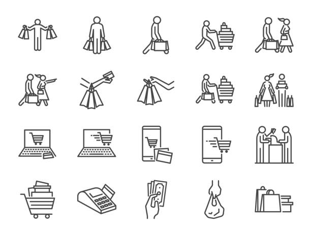 ilustrações de stock, clip art, desenhos animados e ícones de shopping icon set. included icons as buy, shopaholic, handful bags, cart, shop and more. - balcão computador