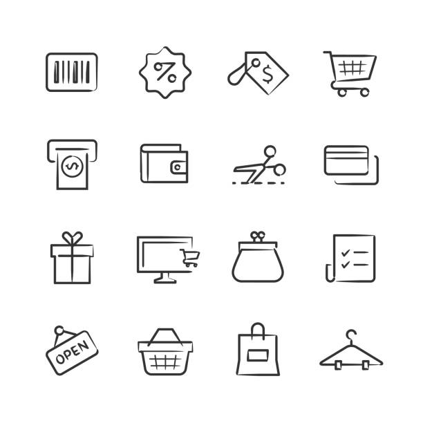 Shopping Icons — Sketchy Series Professional icon set in sketch style. Vector artwork is easy to colorize, manipulate, and scales to any size. store drawings stock illustrations