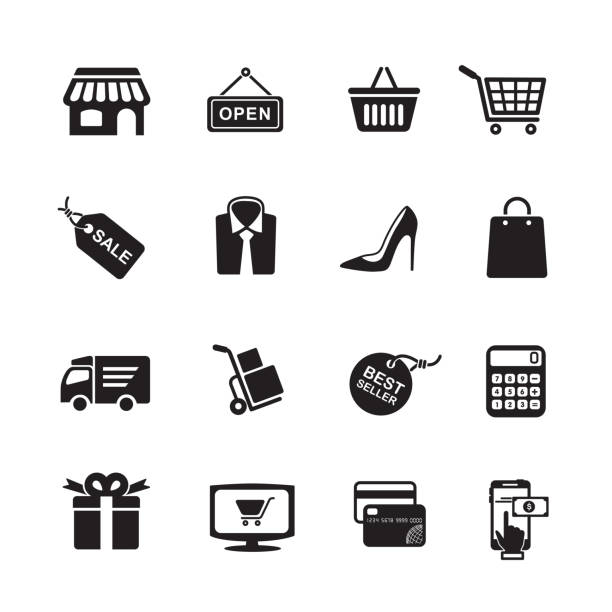 Shopping icons Shopping icons, set of 16 editable filled, Simple clearly defined shapes in one color. shopping symbols stock illustrations