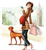 Illustration of a young woman shopping in London with a dog. Woman, dog and background are grouped and layered separately.