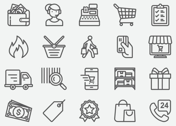stockillustraties, clipart, cartoons en iconen met winkelen lijn pictogrammen - kasregister