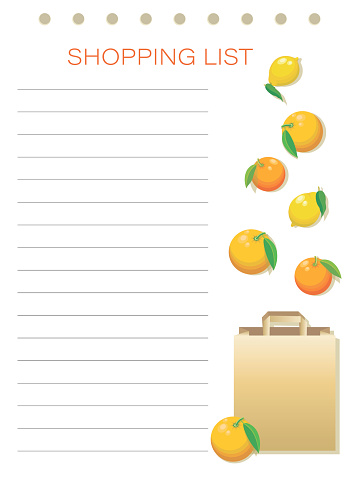 Shopping list. Citruses. Vector personalized shopping list. Simple flat design memo pages.