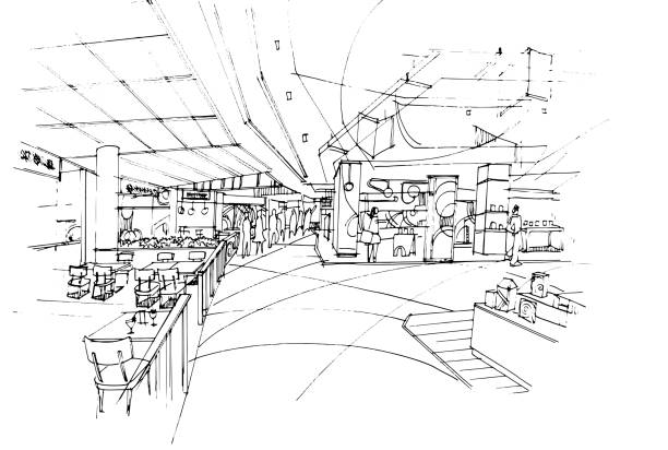 shopping mall corridor area The restaurants and shops sketch drawing,Modern design,vector,2d illustration shopping mall corridor area The restaurants and shops sketch drawing,Modern design,vector,2d illustration mall of america stock illustrations