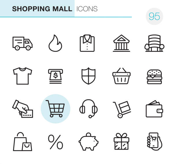 Shopping Mall - Pixel Perfect icons 20 Outline Style - Black line - Pixel Perfect icons / Shopping Mall Set #95 Icons are designed in 48x48pх square, outline stroke 2px.  First row of outline icons contains:  Delivery Truck, Hot Price, Shirt icon, Bank Building, Shopping Centre;  Second row contains:  T-shirt icon, ATM, Shield, Shopping Basket, Hamburger;  Third row contains:  Credit Cart Payment, Shopping Cart, Headset, Hand Truck, Wallet;   Fourth row contains:  Shopping Bag, Sales, Piggy Bank, Gift, Online Shopping.  Complete Primico collection - https://www.istockphoto.com/collaboration/boards/NQPVdXl6m0W6Zy5mWYkSyw tshirt outline stock illustrations