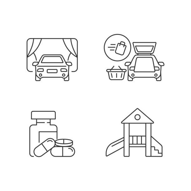 Shopping mall products and services pixel perfect linear icons set Shopping mall products and services pixel perfect linear icons set. Curbside pickup delivery. Customizable thin line contour symbols. Isolated vector outline illustrations. Editable stroke curbsidepickup stock illustrations