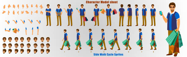 Shopping Man Character Turnaround with Walk cycle Animation Sequence Shopping Man Character Model sheet with Walk cycle Animation Sequence businessman borders stock illustrations