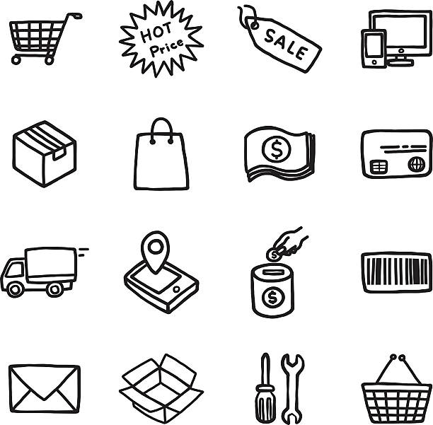 shopping objects or icons set shopping objects or icons set / cartoon vector and illustration, hand drawn style, isolated on white background. shopping drawings stock illustrations