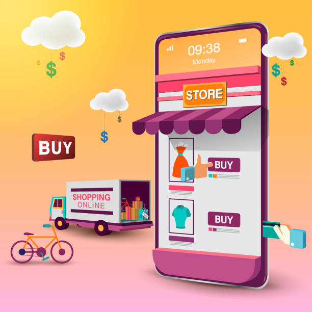 Shopping Online and delivery on Mobile Shopping Online and delivery on Mobile VECTOR concept e commerce stock illustrations