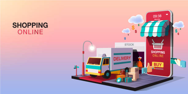 Shopping online and delivery Mobile Application, Shopping Online on Website and delivery for product Vector Concept store backgrounds stock illustrations