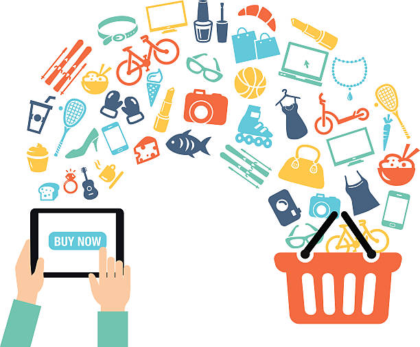 Shopping Online Background Shopping background concept with icons - shopping online, using a PC, tablet or a smartphone. Can be used to illustrate mobile communication topics or consumerism. buy single word stock illustrations