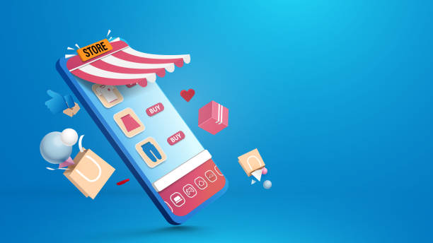 ilustrações de stock, clip art, desenhos animados e ícones de shopping online in smartphone application. digital marketing. vector illustration - store render