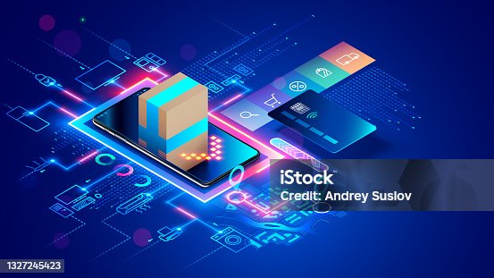 istock Shopping online. Internet shop in web on mobile phone. Online store service on smartphone browser with Icons of product. Payment, delivery of order from Internet marketplace. Concept e-commerce. 1327245423
