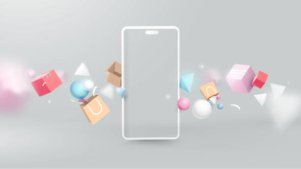 現実的な現代のスマートフォンでオンラインショッピング。仮想リアルなジオメトリ、ギフト、ショッピングアイテム。マーケティングとデジタルマーケティング - 3d点のイラスト素材／クリップアート素材／マンガ素材／アイコン素材