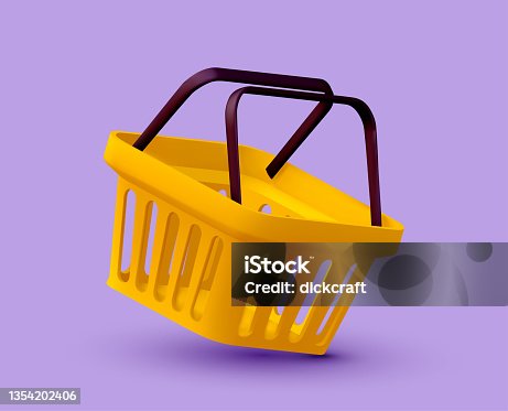 istock Shopping or buying concept with empty yellow shopping cart on purple background. Vector illustration 1354202406