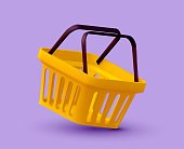 istock Shopping or buying concept with empty yellow shopping cart on purple background. Vector illustration 1354202406