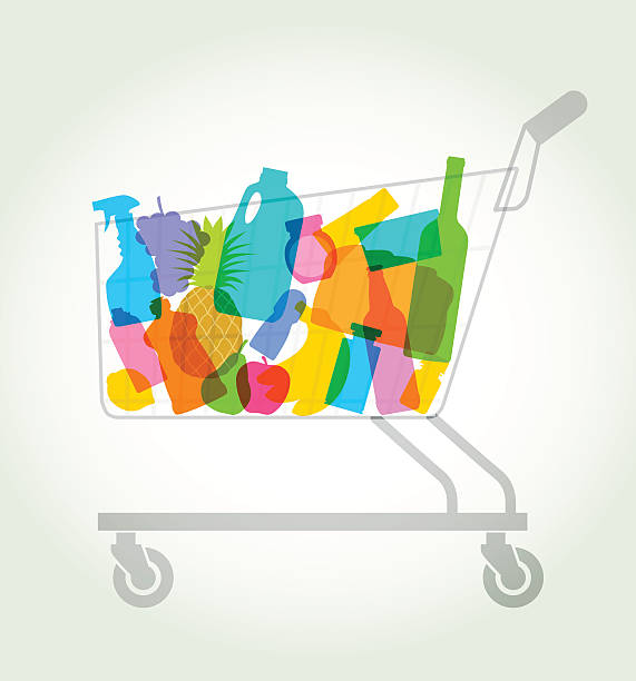 shopping or supermarket trolley Colourful overlapping silhouettes of groceries in shopping trolley. EPS10 file best in RGB, CS5 version in zip food silhouettes stock illustrations