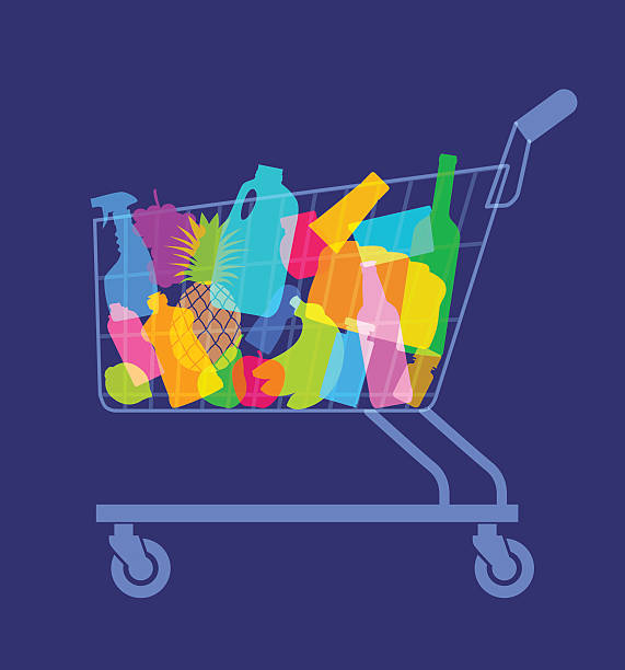 shopping or supermarket trolley Colourful overlapping silhouettes of groceries in shopping trolley. EPS10 file best in RGB, CS5 version in zip cheese silhouettes stock illustrations