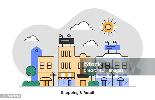 istock Shopping & retail district—flat monoline illustration of urban skyline with editable stroke 1307664143