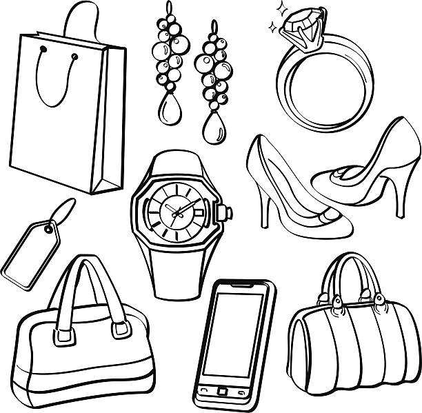 stockillustraties, clipart, cartoons en iconen met shopping set and consumer goods collection - diamant ring display