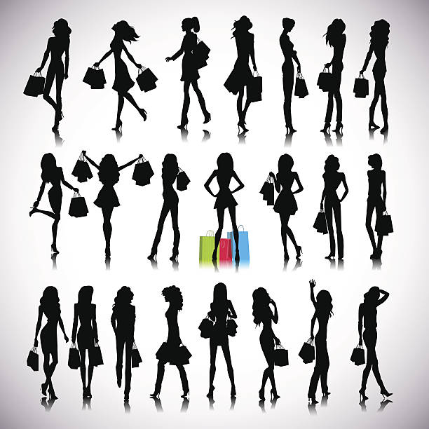 Shopping set Set of woman shopping silhouettes on the background shopping silhouettes stock illustrations