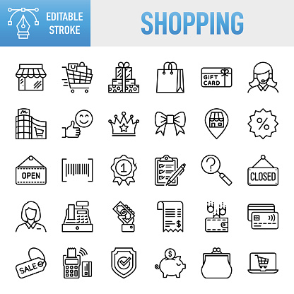 Shopping Line Icons. Set of vector creativity icons. 64x64 Pixel Perfect. Editable stroke. For Mobile and Web. The set contains icons: Idea generation preparation inspiration influence originality, concentration challenge launch. Contains such icons as Shopping, Store, Shopping Mall, Shopping Cart, Shopping Bag, Sale, Retail, Buying, Supermarket, Market - Retail Space, Open, Shopping List