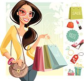 Illustration of a woman shopping. Woman, icons and background are grouped and layered separately.
