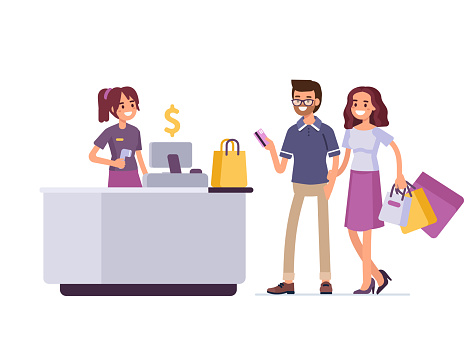 assistant sales shopping interview cashier illustration vector questions jobs man retail illustrations paying cloth job woman clip assistance ie talk